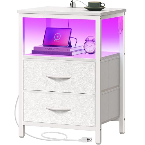 Huuger Night Stand with Charger Station and LED Lights, 2 Drawer Nightstand, Bed Side Table with Open Shelf, End Table, Fabric Dresser for Bedroom, PU Leather, White - color: White, size: 11.8"D x 15.7"W x 23.6"H（2 Drawers）