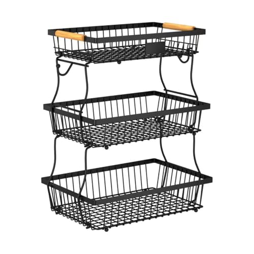 3 Tier Fruit Basket for Kitchen Counter with 2 Banana Hangers, Countertop Metal Fruit Bowl with Wooden Handle, Large Storage Stand for Vegetables, Snacks, Breads, Produce Storage – Black - color: Black, size: 3 Tier