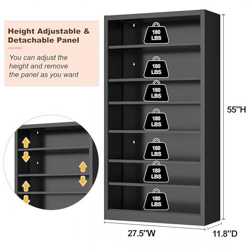 55" Media Storage Cabinet, Metal CD Storage Rack with 6 Adjustable Shelves, Large DVD Storage Shelf Rack for Living Room, Home Entertainment (Black)