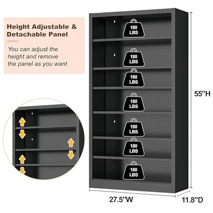 55" Media Storage Cabinet, Metal CD Storage Rack with 6 Adjustable Shelves, Large DVD Storage Shelf Rack for Living Room, Home Entertainment (Black)