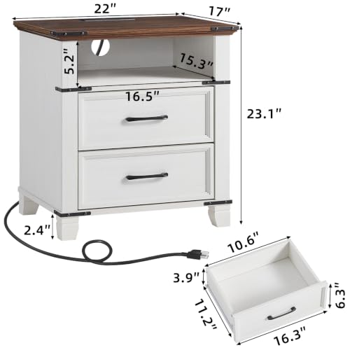 22" Farmhouse Nightstand Set of 2 with Charging Station,End Table with 2 Drawers,Rustic Wood Dresser for Bedroom,Bed Side Table Chest of Drawers Cabinet,Night Stand for Living Room,White - color: White