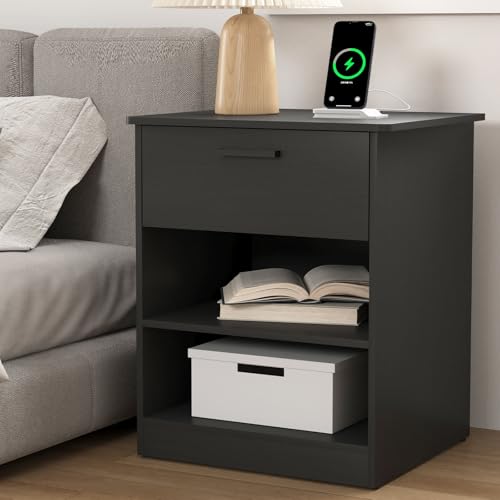 Night Stand with Charger Station, Modern Nightstand with USB Type-C Ports and AC Outlets, Large Bedside Table with Drawer and Open Storage, Wooden End Table for Bedroom (Black, 1 Drawer) - color: Black, size: 1 Drawer