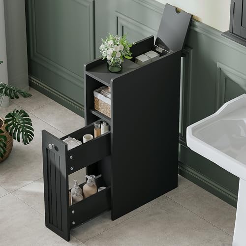 ChooChoo Slim Bathroom Storage Cabinet, Narrow Small Bathroom Organizer with Slide Out Drawer Storage, Toilet Paper Holder, for Small Spaces, Black - color: Black