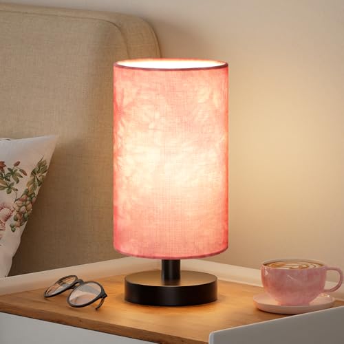Fenmzee Small Table Lamp for Bedroom - Inline Control, Bedside Lamp with 3000K A15 LED Blub, Easy Assembly (Pink Shade - Black Base, 9" Inline Control) - color: Pink Shade - Black Base
