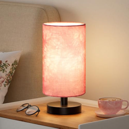 Fenmzee Small Table Lamp for Bedroom - Inline Control, Bedside Lamp with 3000K A15 LED Blub, Easy Assembly (Pink Shade - Black Base, 9" Inline Control) - color: Pink Shade - Black Base