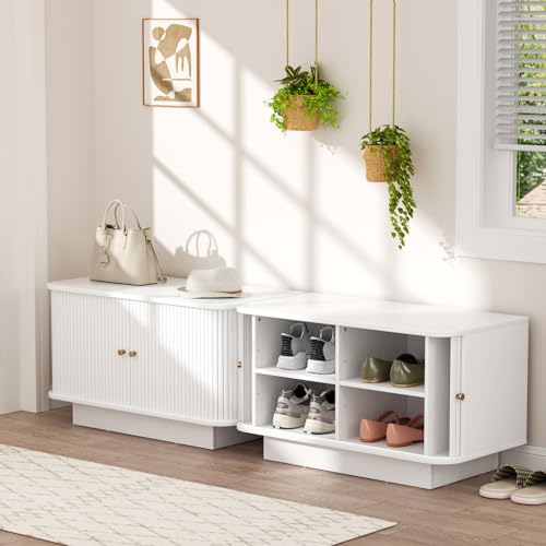 AKMAKM Fluted Shoe Storage Bench, 63" W Long Entryway Bench with Sliding Door, Mud Room Benches with Seat, Upholstered Wooden Rack Organization for Living Room, Apartment, Dorm, Oak, Natural2PCS - color: White, size: 31 W * 2