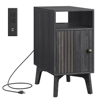 VASAGLE MAEZO Collection - End Table with Charging Station, Narrow Side Table, Nightstand with Tapered Legs, Curved Transitions, for Small Spaces, Bedroom, Charcoal Gray ULET329B101S - color: Charcoal Gray