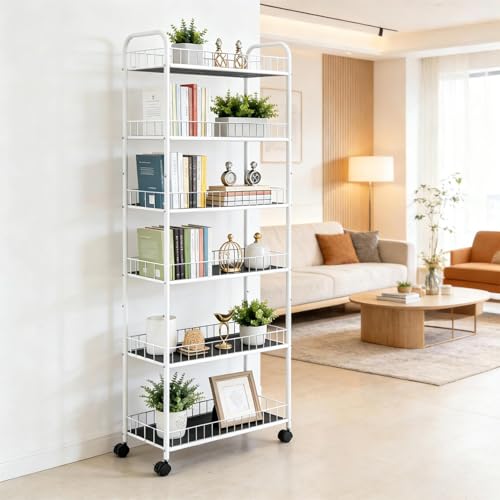 10in 6 Tier Slim Storage Cart with Wheels,White Narrow Space Rolling Shelving Unit, Metal Wire Mobile Organizer Rack for Kitchen Bathroom Office Laundry - size: 10in White
