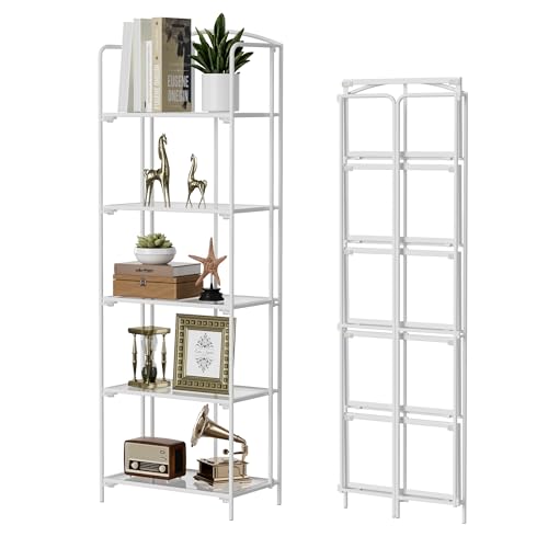 Crofy 5-Tier Foldable Bookshelf, White Frame & Transparent Shelves | No-Assembly Collapsible Portable Storage Organizer; Sturdy Transparent Shelves; Ideal for Living Room & Home Office - color: White Frame & Transparent Shelf, size: 5 Tier