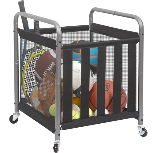 STORAGE MANIAC Ball Storage Bin Rolling Sports Ball Cart, Metal Garage Organizer Sport Rack Basketball Storage Cage for Garage or Gym, Indoor & Outdoor Sports Equipment Organizer - style: Ball Cart