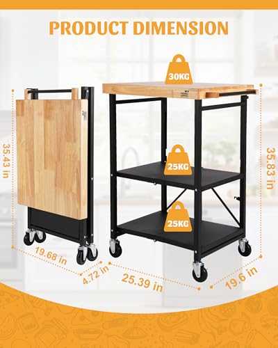 Mythinglogic Foldable Kitchen Storage Cart, 3-Tier Rolling Cart with Solid Oak Top, Heavy-Duty Metal Utility Rack for Microwave, Pots, Dish Set, Meal Prep Area, Kitchen Island on Lockable Wheels - size: 25.39"D x 19.6"W x 35.82"H