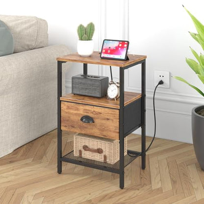 sthmec Nightstands Set of 2, Night Stands with Charging Station and Fabric Drawer, Bedside Tables with Drawers, 2- Tier Side Table with Open Shelf, Nightstands with Charging Station,Rustic Brown - color: Rustic Brown, style: Power