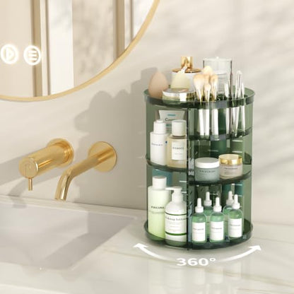 Rotating Makeup Organizer with DIY 8 Adjustable Layers, Clear Green | Spinning Skincare Storage, Cosmetic Display Case with Brush Holder and Perfume Tray - color: Clear Green