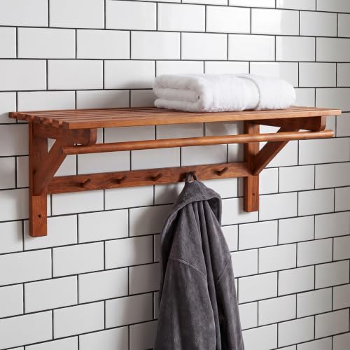 Bare Decor Caracas Bathroom Wall Shelf with Hangers in Solid Teak Wood 31.5"
