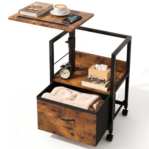 Faesun Swivel Lift Top Nightstand, Rolling Side Table for Recliner, Bedside Table with Wheels & a Fabric Drawer, for Small Spaces, for Bedroom, Living Room, Brown - color: 01 - Brown (No Charger), size: 1 Drawer