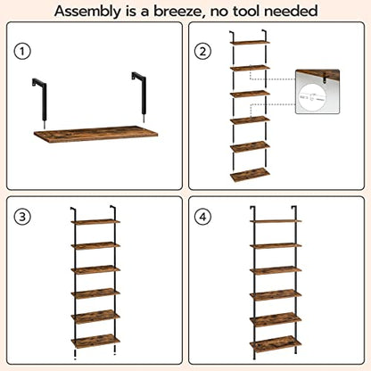 HOOBRO DIY Ladder Shelf, 6-Tier Wall Mounted Bookshelf, Office Vertical Bookcase, Wooden Storage Shelves for Home Office, Bedroom, Rustic Brown and Black BF65CJ01 - color: Rustic Brown and Black