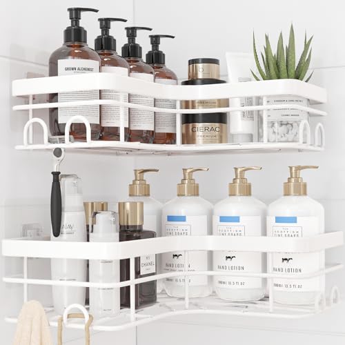 Sakugi Corner Shower Caddy - 2 Pack, Adhesive Shower Organizers, Rustproof Stainless Steel Shower Shelves with 8 Hooks, No Drilling Bathroom Organizers and Storage Racks, Space-Saving, White, X-Large - color: White, size: X-Large