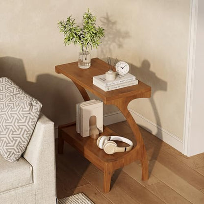 Solid Wood End Table with 2-Tier Storage Shelf, Narrow Side Table for Living Room, Bedroom, Small Spaces, Cherry Wood Paint Finish, Easy Assembly - color: Charred