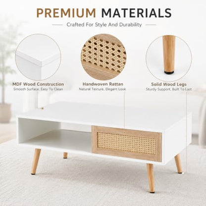 Meihua Rattan Coffee Table with Sliding Door Storage, Mid Century Modern Center Table with Open Shelf and Hidden Compartment, Natural Wood Coffee Table with Solid Wood Legs for Living Room, Apartment - color: White