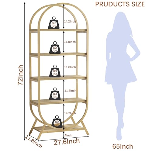 Bookshelf Arched Bookcase, Industrial 5 Tier Open Book Shelves with Metal Frame, 72" Tall Freestanding Display Rack for Home Office, Living Room,Nature Wood and Gold - color: Nature Wood & Gold, size: 5 Tier Arched