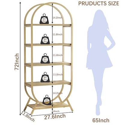 Bookshelf Arched Bookcase, Industrial 5 Tier Open Book Shelves with Metal Frame, 72" Tall Freestanding Display Rack for Home Office, Living Room,Nature Wood and Gold - color: Nature Wood & Gold, size: 5 Tier Arched