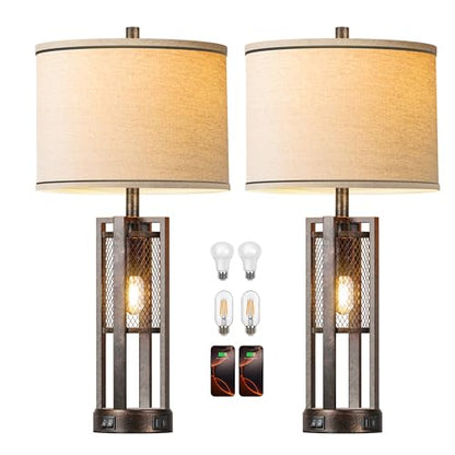 28'' Farmhouse Industrial Table Lamp Set of 2 - Rustic Bedside Nightstand Lamps with Dual USB A+C Ports, Bronze Metal Mesh Nightlight Desk Lamps for Bedroom Living Room, 4 LED Bulbs Included - color: Bronze-Set of 2