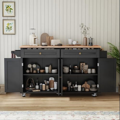 Kitchen Island Cart with Wood Top and Drop Leaf, Rolling Kitchen Island Table on Wheels with Drawer, Storage Cabinet, Spice Rack and Towel Rack for Dining Room, Black - size: 67.1" W, style: Black