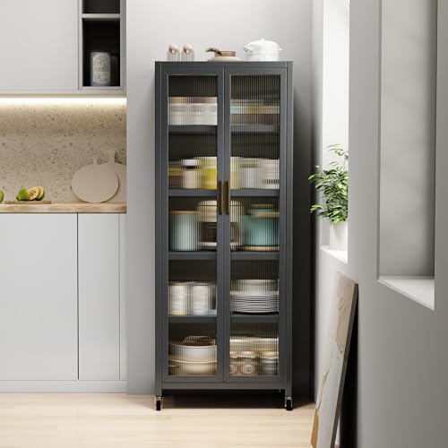 6 Tier 63" Kitchen Appliance Storage,Appliance Cabinet,Bakers Rack with Doors with Transparent Flap Door Design Kitchen Storage Shelves,Microwave Stand for Dining Room Black - color: Black, size: Double door