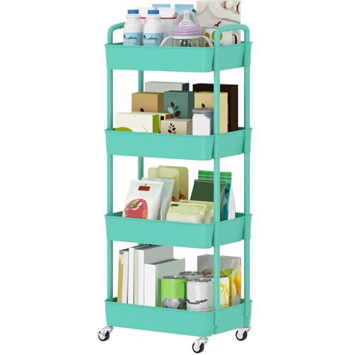 Sywhitta 4-Tier Plastic Rolling Utility Cart with Wheels for Storage,Green | Multi-Functional Storage Trolley, for Office, Living Room, Kitchen, Bathroom,Movable Organizer,Space-Saving,Easy to assemble - color: Green, size: 4-tier