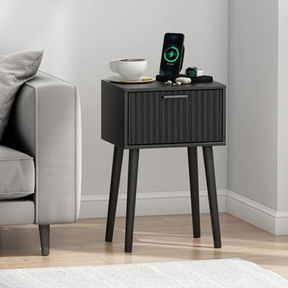 LAATOOREE Nightstands Set of 2, Small Side Table, Bedside Table with Fluted Door, Solid Wood Feet, Modern Mid-Century End Table for Bedroom, Small Space, Black - color: Black, style: Fluted Style