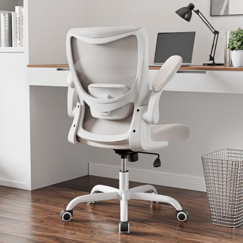 MUXX.STIL Office Chair, PU Leather Ergonomic Desk Chair with Adjustable Lumbar Support and Flip up Armrest, Breathable Mesh Computer Chair for Home Office, Khaki - color: Cream Khaki (Pu Leather Seat)