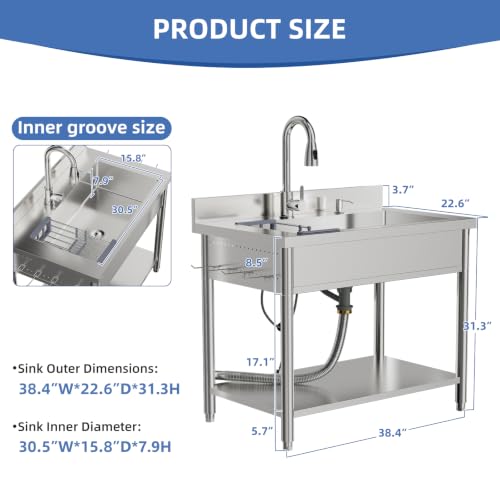 Stainless Steel Utility Sink, 38.4" Single Bowl Freestanding Laundry Sink with 360° Hot & Cold Water Faucet, Hoses & Drain Kit, Outdoor/Indoor Commercial Sink for Kitchens, Garage, Laundry Room - size: 38.4" x 22.6" x 35"