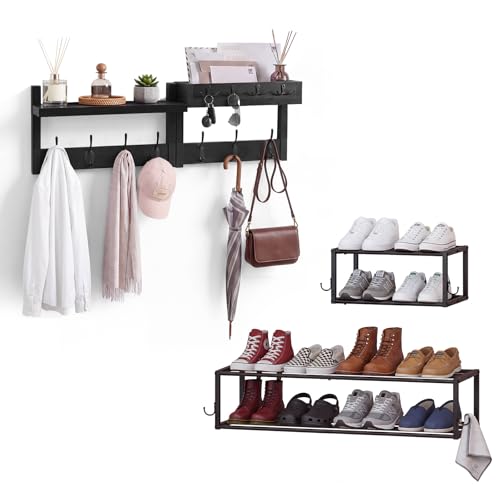 4 Pack Wall Mounted Coat and Shoe Rack Entryway, Space Saving Storage Bench for Entryway，Wall Coat Rack with Hooks, Adjustable Hanging Shoe Rack (Hold 12 Pairs), for Hallway, Entryway, Black - size: shoe and coat rack