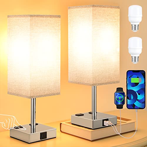 Light Grey Touch Lamps Set for Bedroom - Dimmable, USB C+A, 2 AC Outlets | 3-Way Dimming, 3000K LED Bulbs Included, Light Grey Lampshade Silver Base, Small Bedside Lamp for Nightstand, Desk, Dorm - color: Gray-Silver