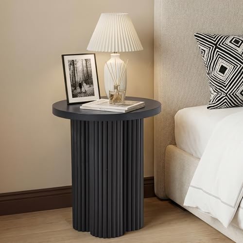 Round Fluted End Table, 17.7'' Mid Century Modern Side Table, Circle Bedside Tables Drink Table Wood Nightstand for Small Spaces, Living Room (Black-1PCS) - color: Black-1pcs