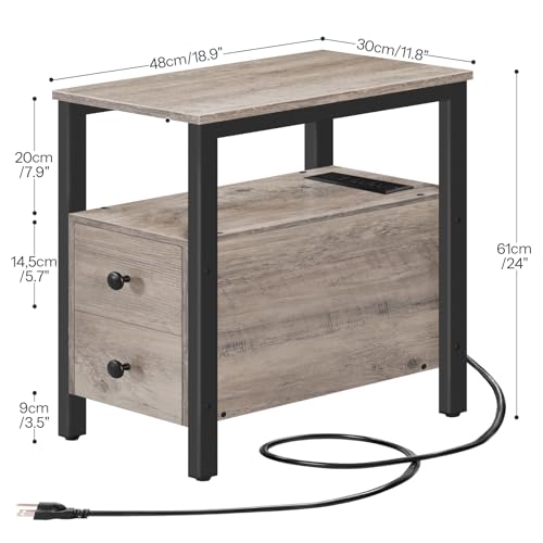 HOOBRO Set of 2 End Tables with Charging Station, Narrow Side Table with Drawers & USB Port & Power Outlets, Nightstand for Small Spaces, Living Room, Stable, Greige and Black BG541BZP201 - color: Greige + Black