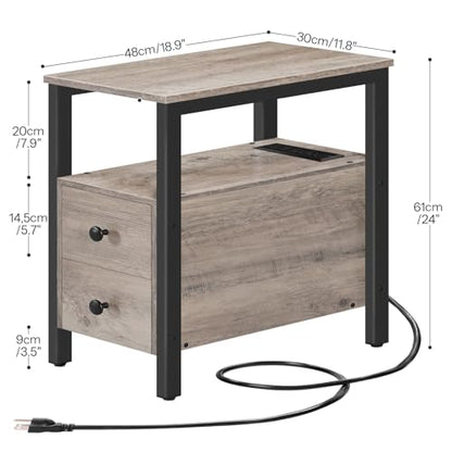 HOOBRO Set of 2 End Tables with Charging Station, Narrow Side Table with Drawers & USB Port & Power Outlets, Nightstand for Small Spaces, Living Room, Stable, Greige and Black BG541BZP201 - color: Greige + Black