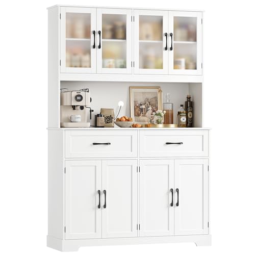 BOTLOG 71" Large Pantry Storage Cabinet with Microwave Stand | Tall Hutch Cabinet with Glass Doors 8 Storage Compartments for Dining Room, Modern White