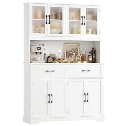 BOTLOG 71" Large Pantry Storage Cabinet with Microwave Stand | Tall Hutch Cabinet with Glass Doors 8 Storage Compartments for Dining Room, Modern White