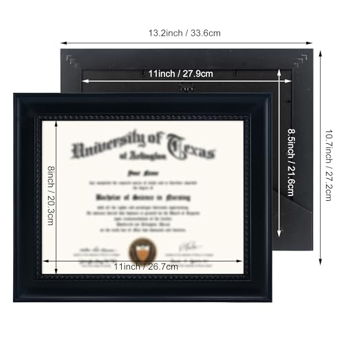 GMFrames Solid Wood Diploma Degree Frame for 8.5x11 Certificates,Black Finish with Intricate Black Rope Detail,UV Protection Acrylic - color: Black, size: 8.5x11