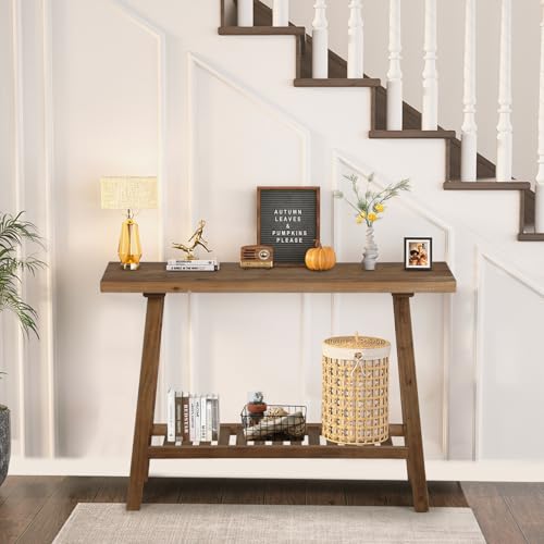 HOKYHOKY Reclaimed Solid Wood Console Table, 43.3" Farmhouse Entryway Table, Narrow Couch Tables Behind Sofa, 2 Tiers Accent Tables for Hallway, Entrance, Foyer, Living Room - size: 43.3"