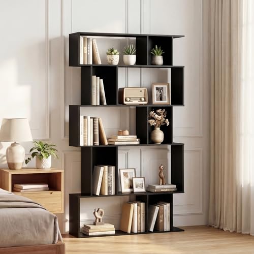 GOFLAME 5-Tier Geometric Bookshelf, 62” Tall Bookcase with 10 Open Back & Closed Back Cubes, Modern Display Book Shelf, S-Shaped Storage Organizer for Living Room, Home Office (1,Black) - color: Black