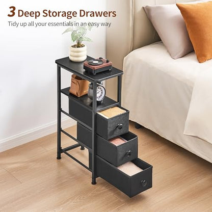 End Table, Narrow Side Table with 3 Fabric Drawers, Slim Nightstand, Small Bedside Table with Storage, Living Room, Bedroom, Black HKET1300BK - color: Black, size: 7.9" W x 15.7" D, style: No Power