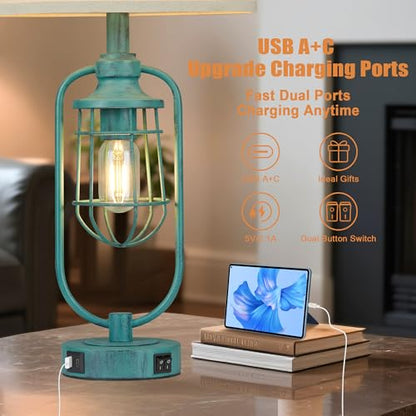 Table Lamps for Living Room End Table Set of 2, Farmhouse Lamps for Night Stands, Industrial Bedside Lamps for Bedroom with USB A+C, Bulbs Included - color: Green