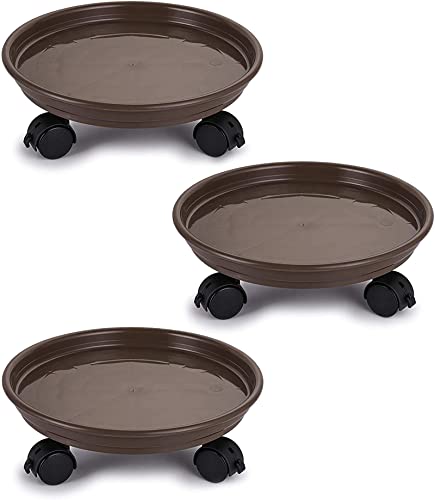 Fasmov 3 Pcs Plant Pallet Caddy Plant Stand Round Flower Pot Mover, Plant Pot Pallet Dolly Caster with Universal Wheels (Brown) - color: Brown