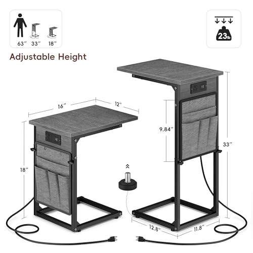 C-Shaped End Tables Set of 2 with Charging Station, 33'' Tall C Table Adjustable Height Side Table for Couch, Small Couch Table that Slide Under Sofa, TV Trays for Living Room, Gray Walnut - color: 2pc Gray Walnut, style: With Plug