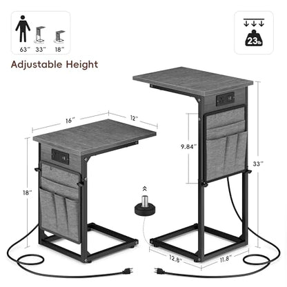 C-Shaped End Tables Set of 2 with Charging Station, 33'' Tall C Table Adjustable Height Side Table for Couch, Small Couch Table that Slide Under Sofa, TV Trays for Living Room, Gray Walnut - color: 2pc Gray Walnut, style: With Plug