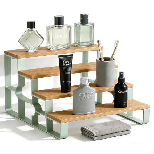 Countertop Perfume Organizer, Cologne Stand for Perfume Bottles, 4-Tier | Practical Water-resistant Bamboo Bathroom Makeup Essentials, Space Saving, Wipe Clean, Simple Assembly,Mengbu(W=14.2”) - size: 4 Tier