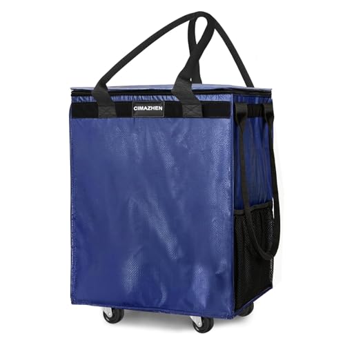 Reusable Grocery Bag Tote Bag with Wheels, Foldable Rolling Tote Bag with 3 Handles and Zipper - color: Blue, size: Medium