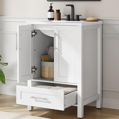 IDEALHOUSE 24" Bathroom Vanity with Sink, Freestanding Wooden Bathroom Vanity Cabinet with Soft-Closing Door and Metal Handle, Modern Floor Standing Storage for Small Spaces,White - size: 24in